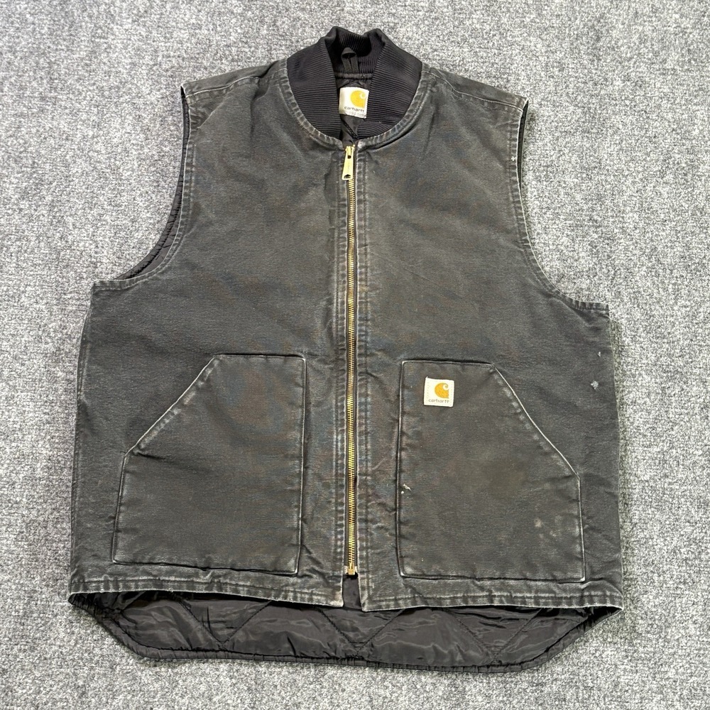 Vintage Carhartt Quilt Lined Vest Mens Large Faded Black Full Zip Canvas V01 BLK